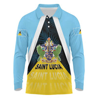 Personalised Saint Lucia Long Sleeve Polo Shirt Coat Of Arm With Palm Leaf Pattern