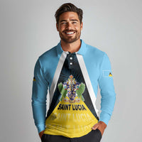 Personalised Saint Lucia Long Sleeve Polo Shirt Coat Of Arm With Palm Leaf Pattern