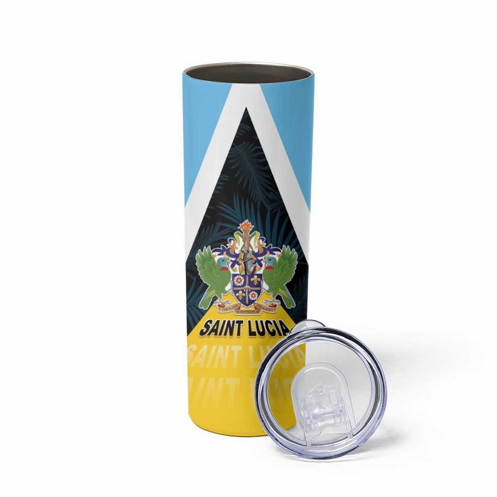 Personalised Saint Lucia Skinny Tumbler Coat Of Arm With Palm Leaf Pattern