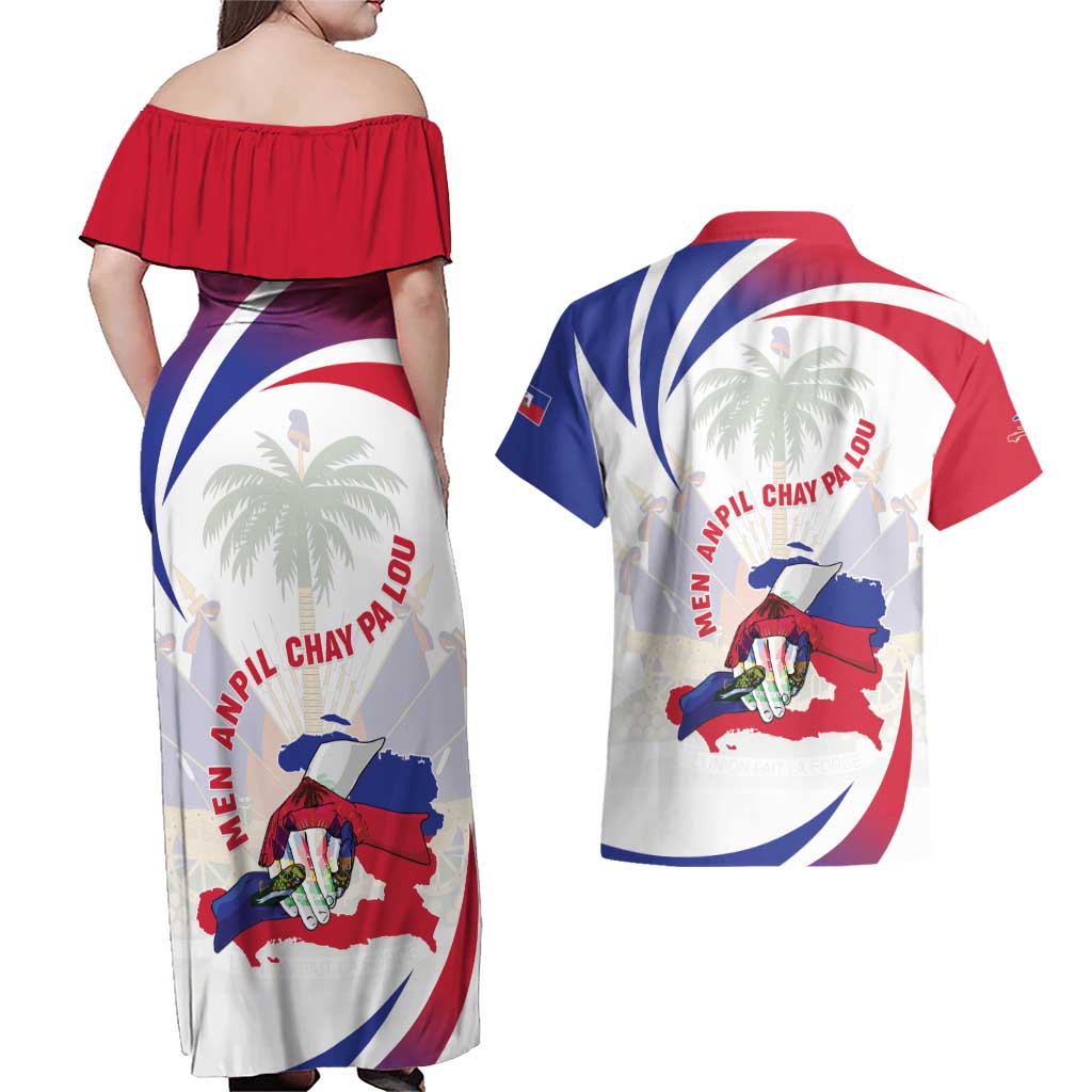 Haiti Couples Matching Off Shoulder Maxi Dress and Hawaiian Shirt Men Anpil Chay Pa Lou LT05