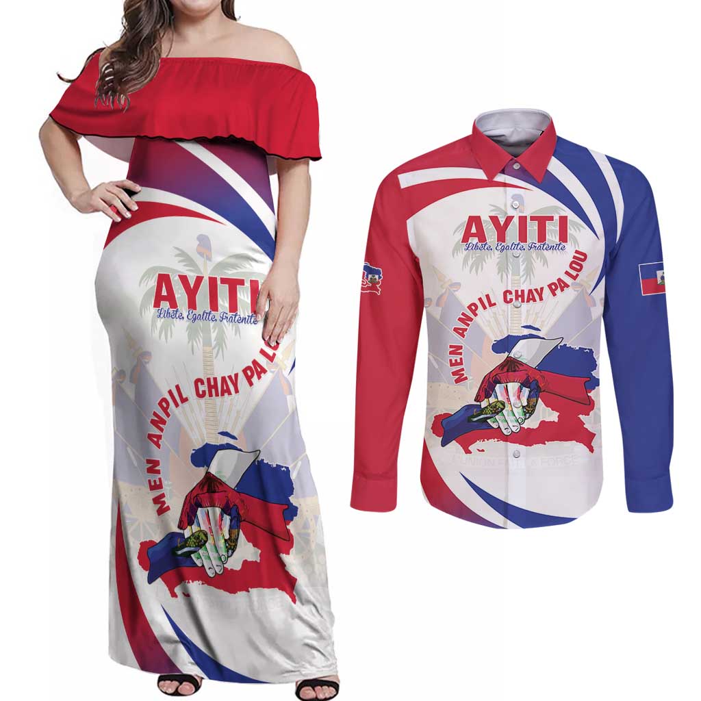 Haiti Couples Matching Off Shoulder Maxi Dress and Long Sleeve Button Shirt Men Anpil Chay Pa Lou LT05