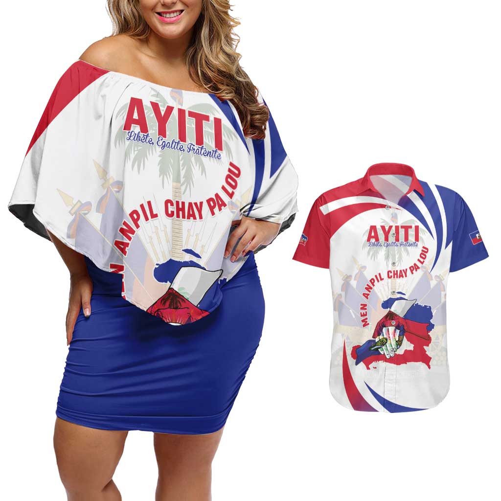 Haiti Couples Matching Off Shoulder Short Dress and Hawaiian Shirt Men Anpil Chay Pa Lou LT05