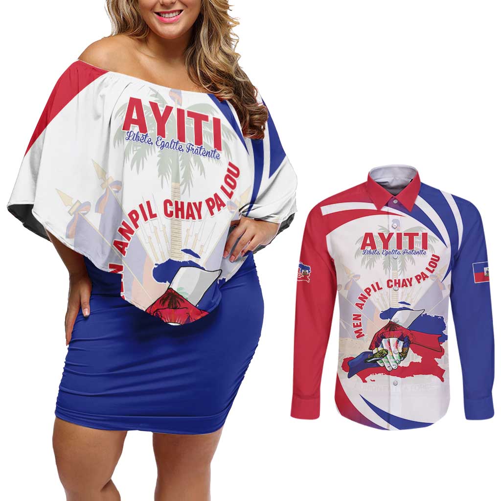 Haiti Couples Matching Off Shoulder Short Dress and Long Sleeve Button Shirt Men Anpil Chay Pa Lou LT05