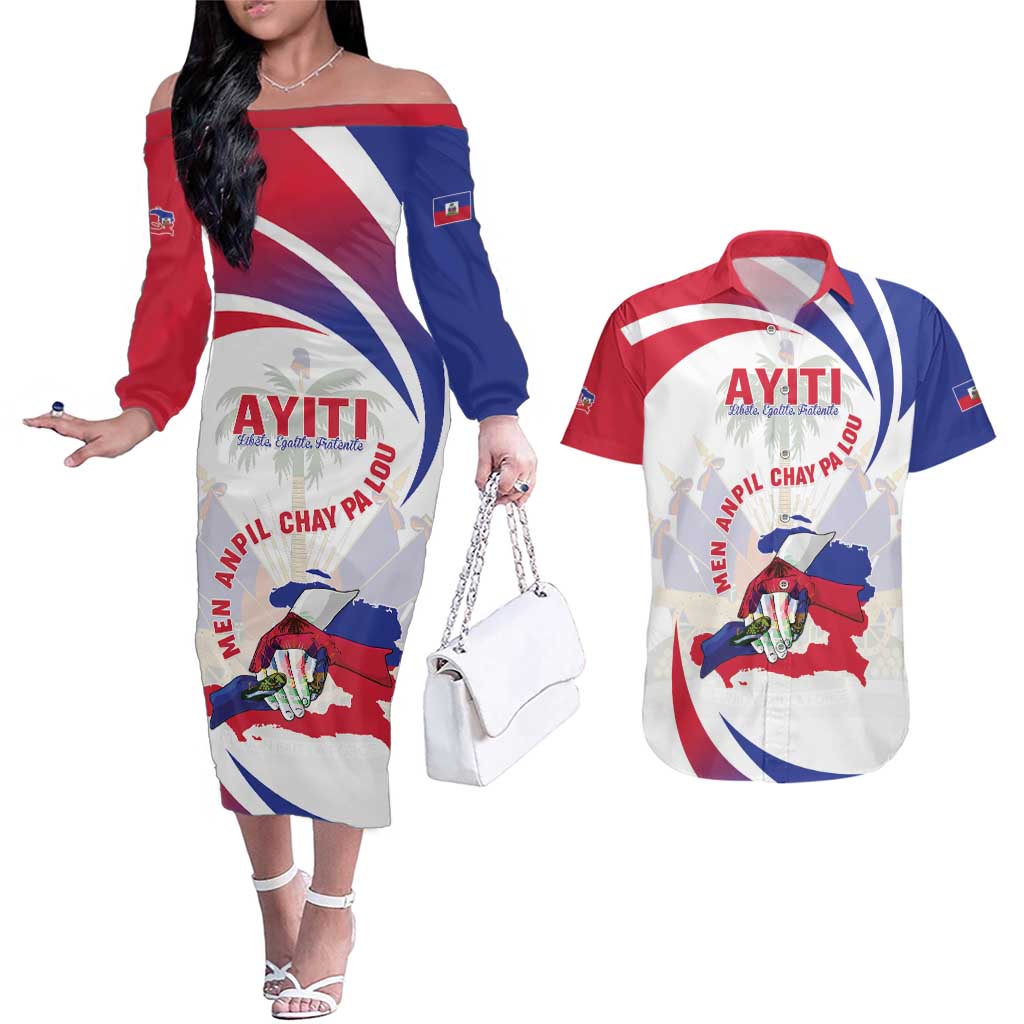 Haiti Couples Matching Off The Shoulder Long Sleeve Dress and Hawaiian Shirt Men Anpil Chay Pa Lou LT05