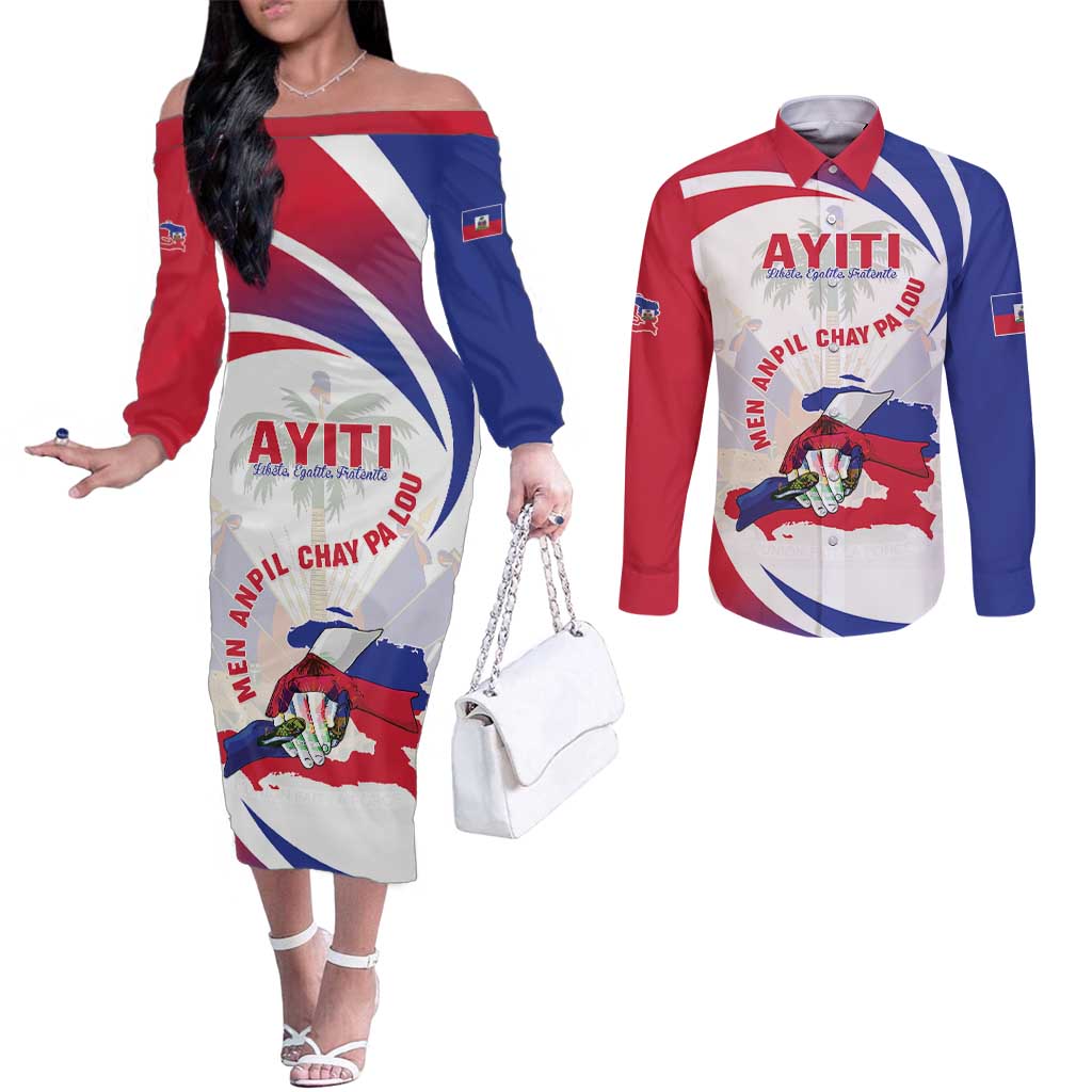 Haiti Couples Matching Off The Shoulder Long Sleeve Dress and Long Sleeve Button Shirt Men Anpil Chay Pa Lou LT05