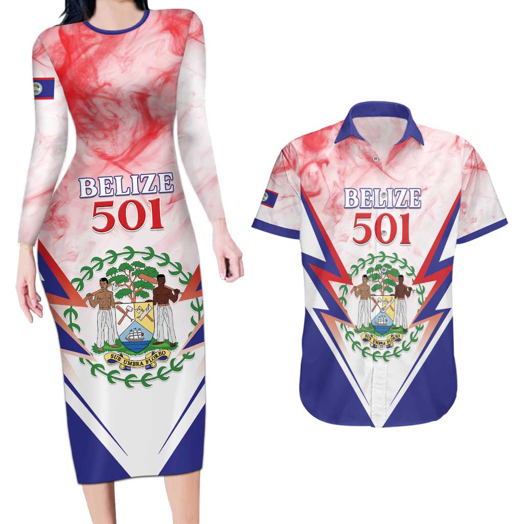 Personalized Belize 501 Couples Matching Long Sleeve Bodycon Dress and Hawaiian Shirt Coat Of Arms