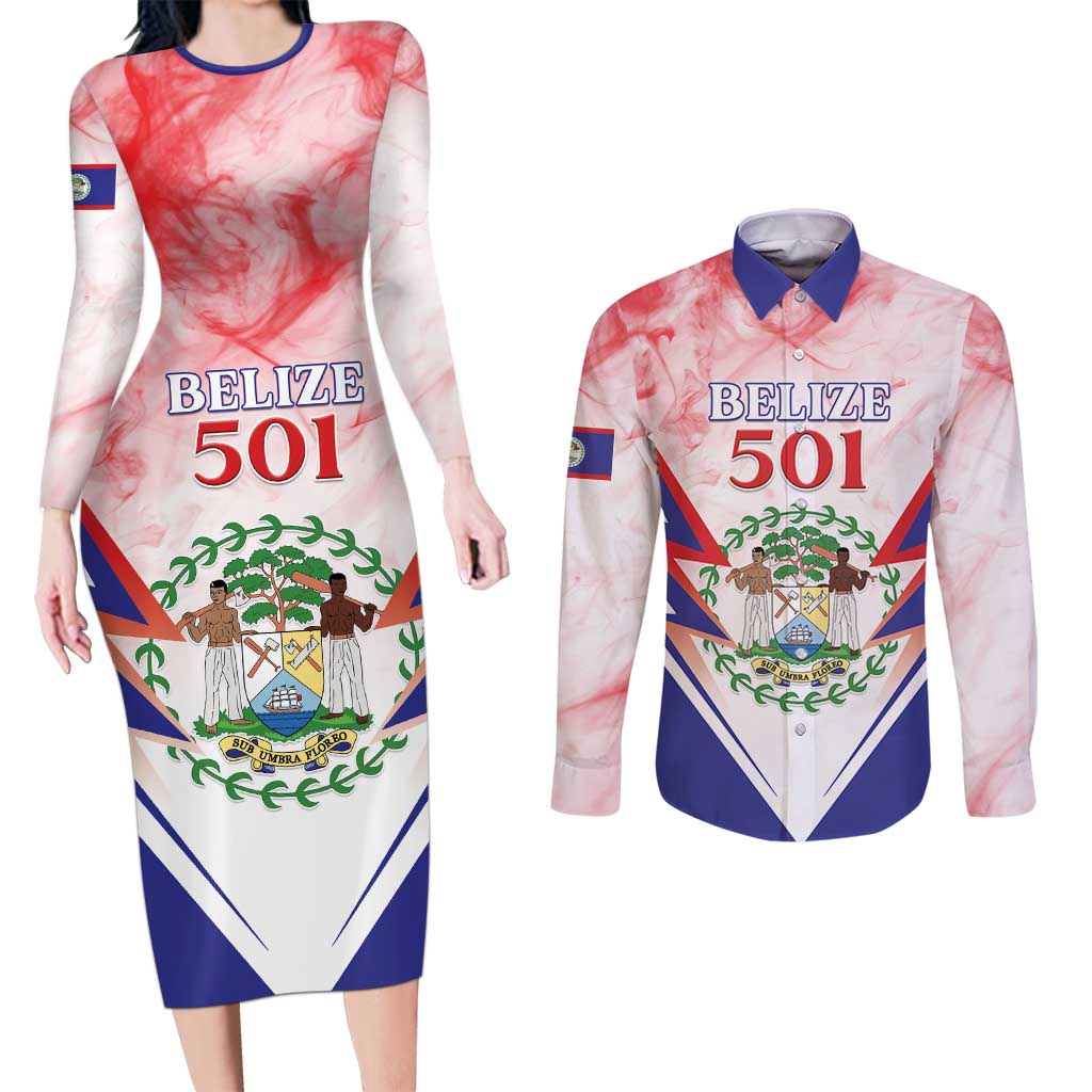 Personalized Belize 501 Couples Matching Long Sleeve Bodycon Dress and Long Sleeve Button Shirt Coat Of Arms