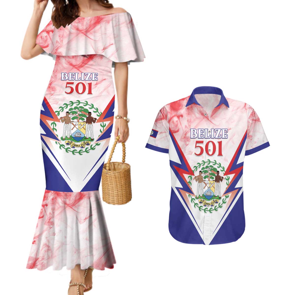 Personalized Belize 501 Couples Matching Mermaid Dress and Hawaiian Shirt Coat Of Arms