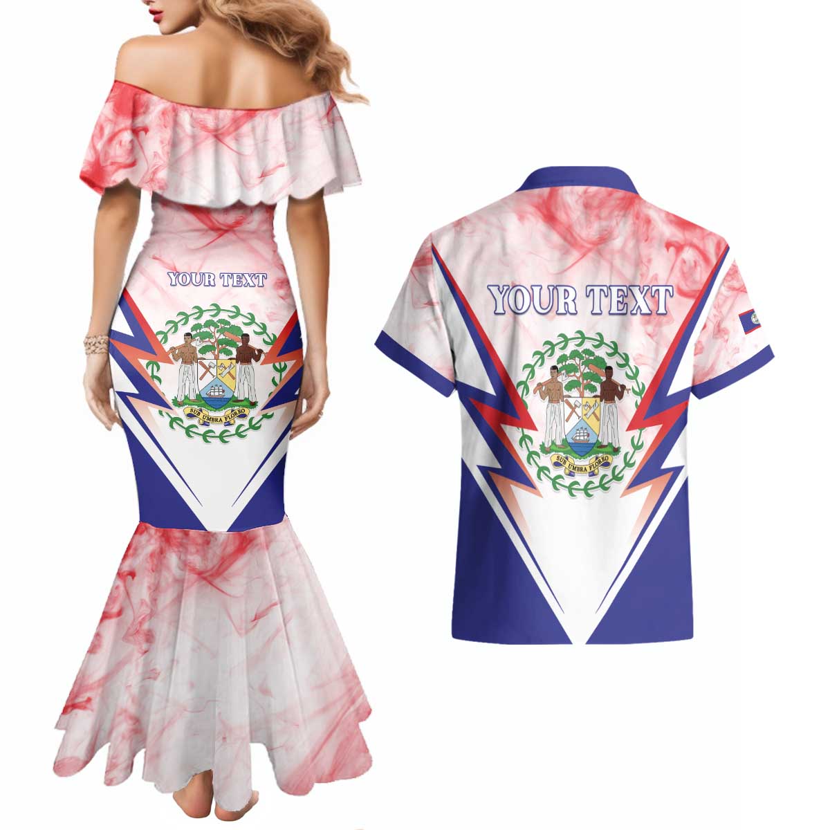 Personalized Belize 501 Couples Matching Mermaid Dress and Hawaiian Shirt Coat Of Arms