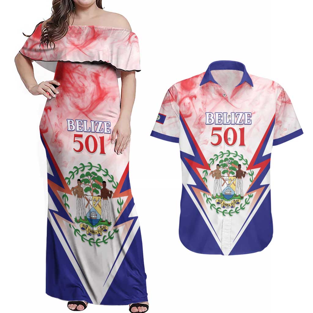Personalized Belize 501 Couples Matching Off Shoulder Maxi Dress and Hawaiian Shirt Coat Of Arms