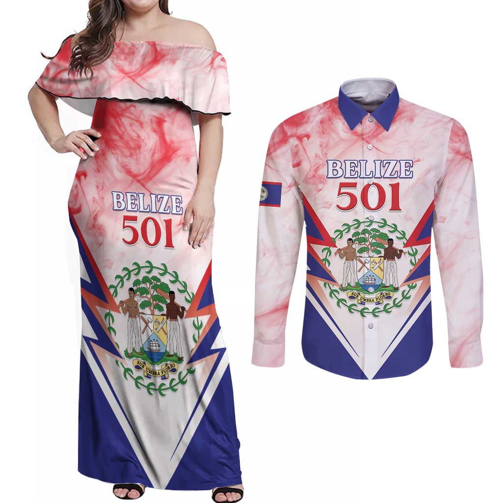 Personalized Belize 501 Couples Matching Off Shoulder Maxi Dress and Long Sleeve Button Shirt Coat Of Arms