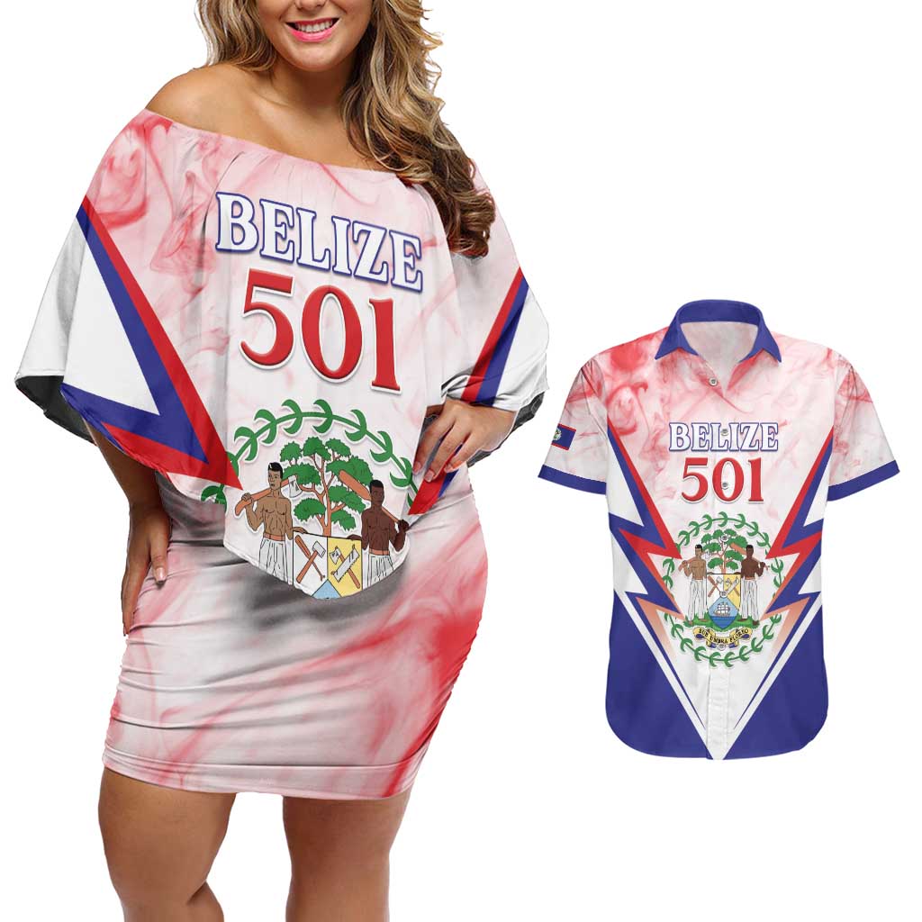 Personalized Belize 501 Couples Matching Off Shoulder Short Dress and Hawaiian Shirt Coat Of Arms