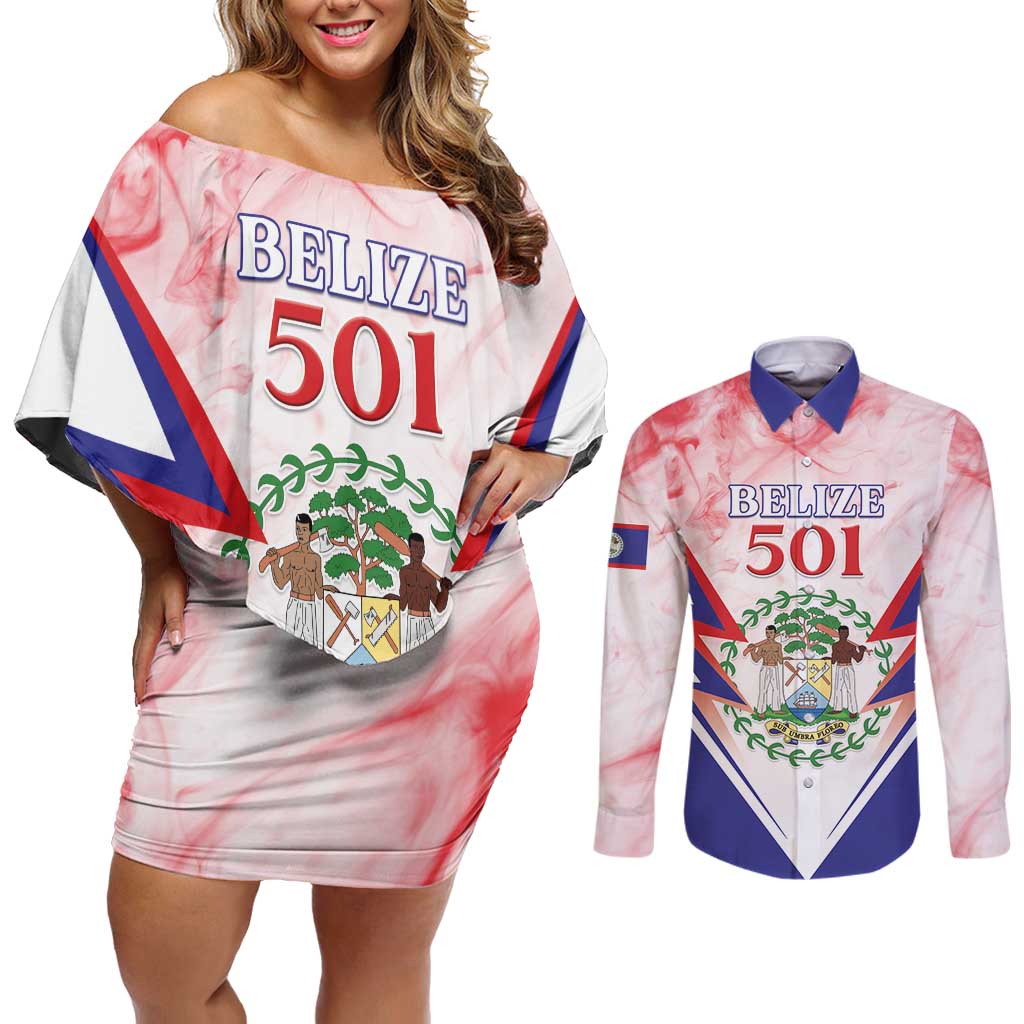 Personalized Belize 501 Couples Matching Off Shoulder Short Dress and Long Sleeve Button Shirt Coat Of Arms