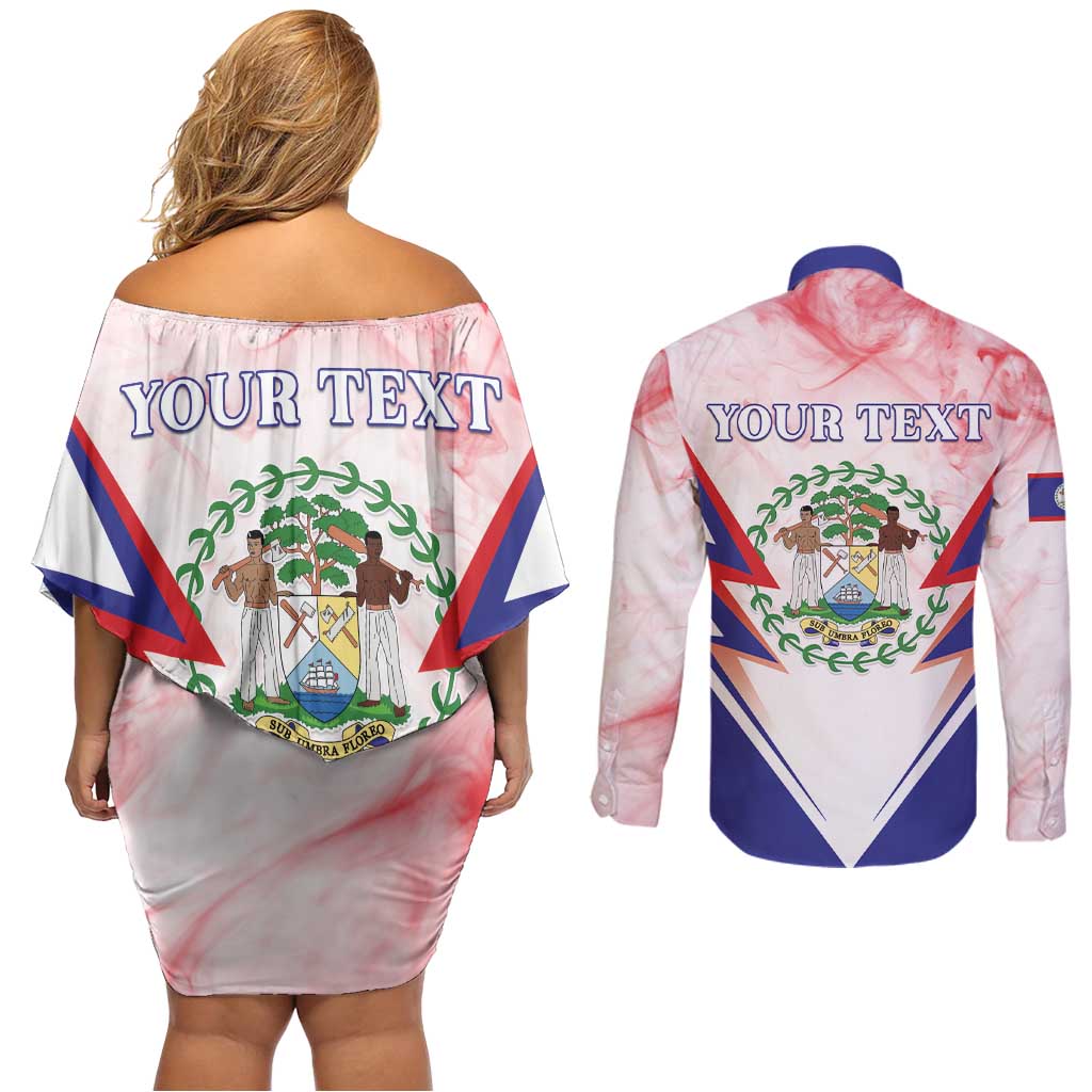 Personalized Belize 501 Couples Matching Off Shoulder Short Dress and Long Sleeve Button Shirt Coat Of Arms