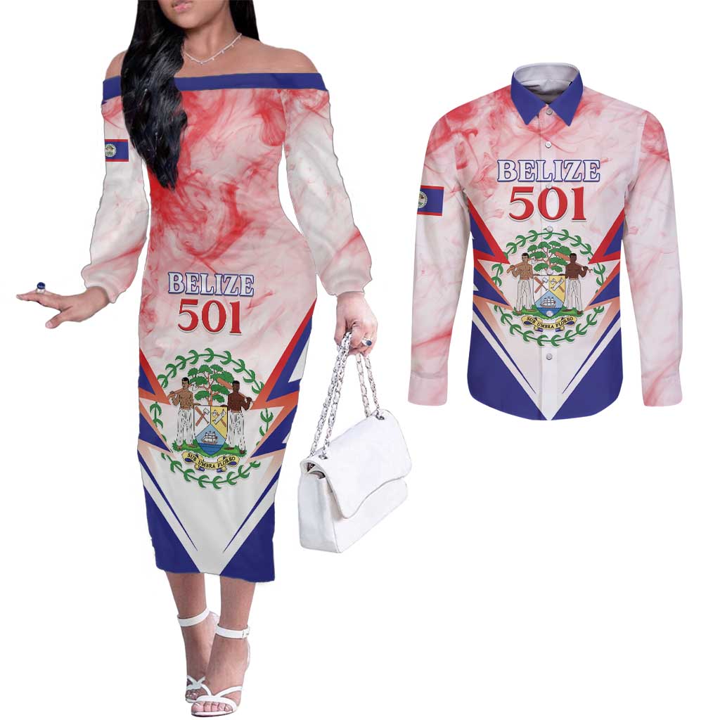 Personalized Belize 501 Couples Matching Off The Shoulder Long Sleeve Dress and Long Sleeve Button Shirt Coat Of Arms
