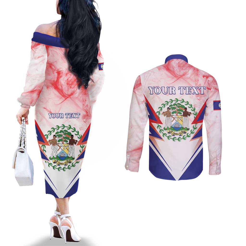 Personalized Belize 501 Couples Matching Off The Shoulder Long Sleeve Dress and Long Sleeve Button Shirt Coat Of Arms