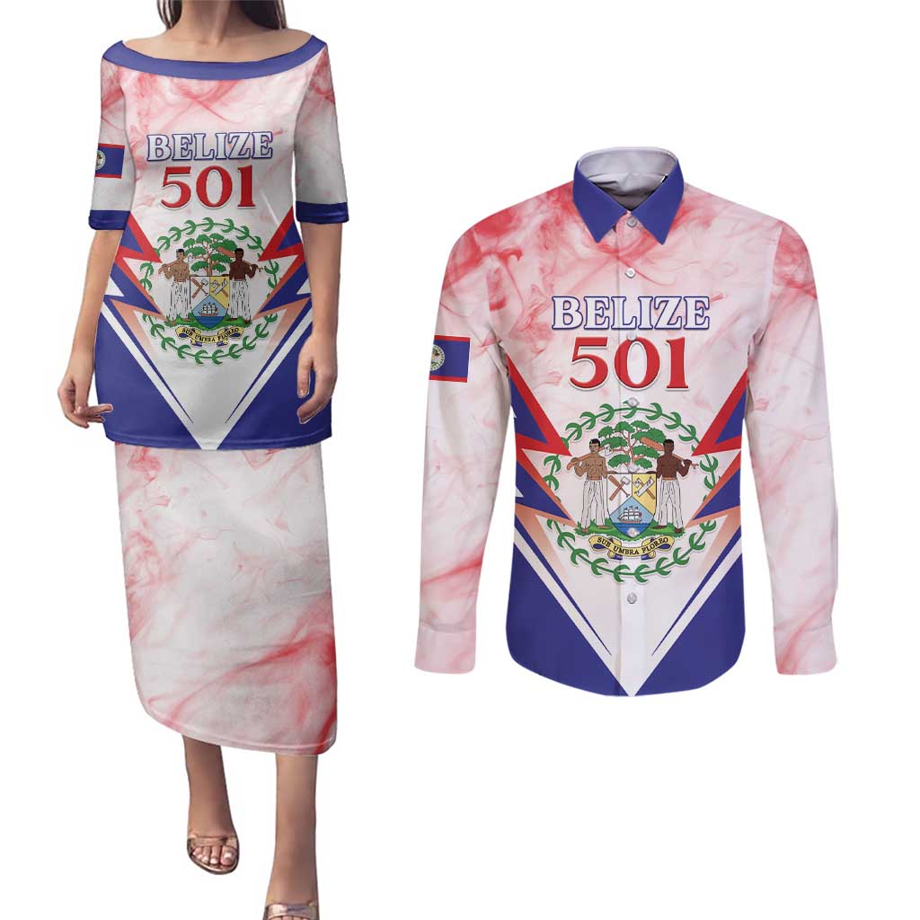 Personalized Belize 501 Couples Matching Puletasi and Long Sleeve Button Shirt Coat Of Arms