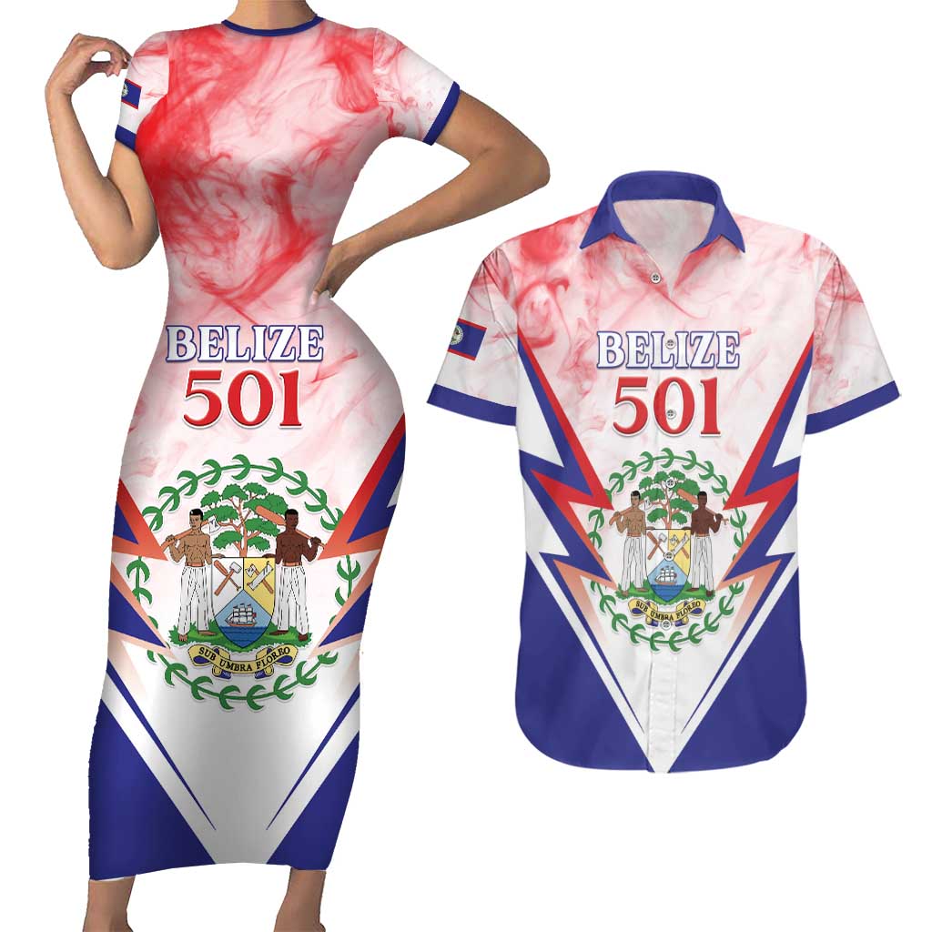 Personalized Belize 501 Couples Matching Short Sleeve Bodycon Dress and Hawaiian Shirt Coat Of Arms