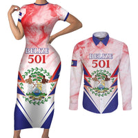 Personalized Belize 501 Couples Matching Short Sleeve Bodycon Dress and Long Sleeve Button Shirt Coat Of Arms