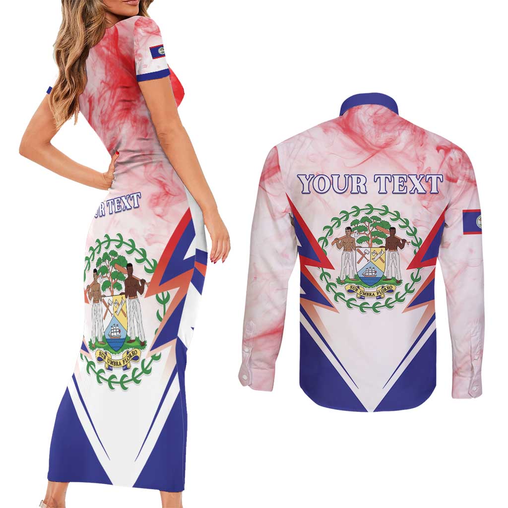 Personalized Belize 501 Couples Matching Short Sleeve Bodycon Dress and Long Sleeve Button Shirt Coat Of Arms