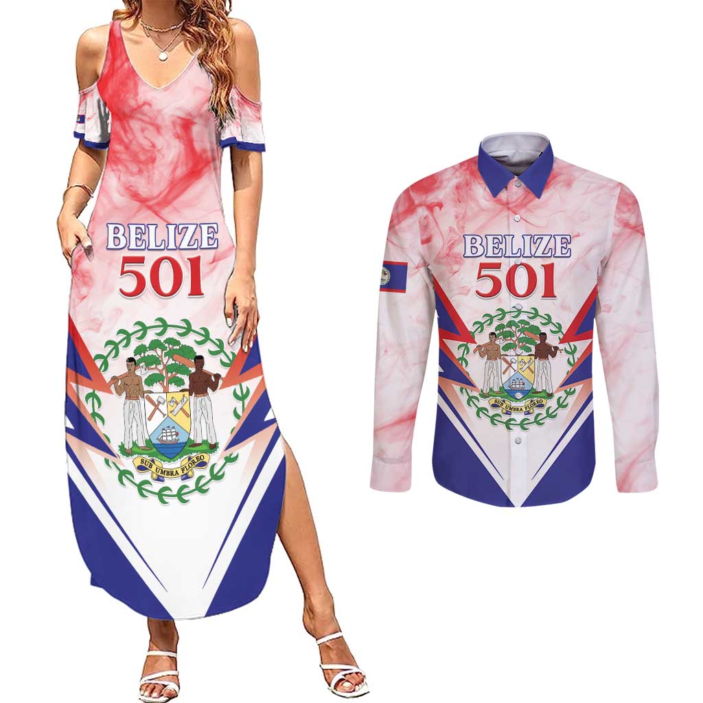 Personalized Belize 501 Couples Matching Summer Maxi Dress and Long Sleeve Button Shirt Coat Of Arms