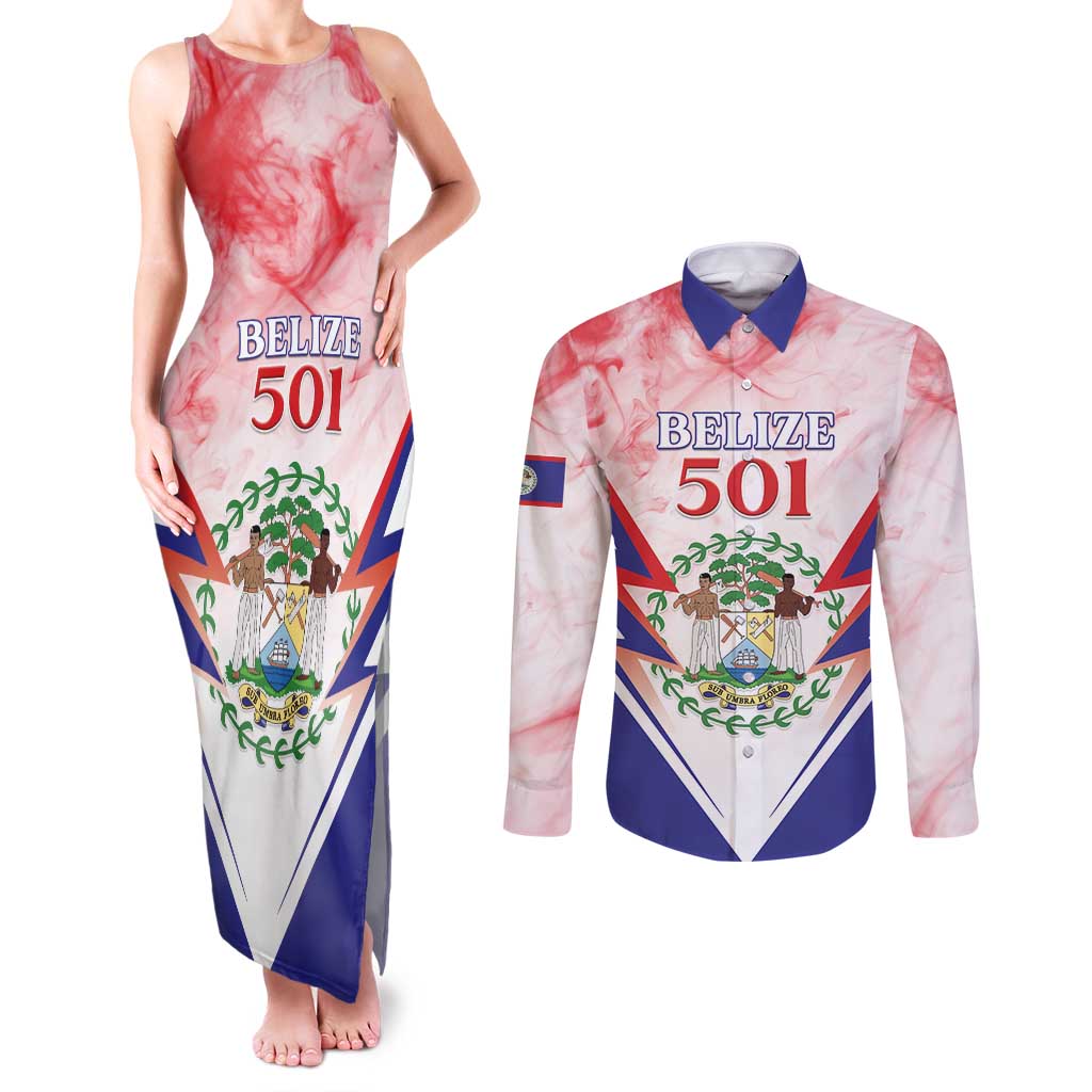 Personalized Belize 501 Couples Matching Tank Maxi Dress and Long Sleeve Button Shirt Coat Of Arms