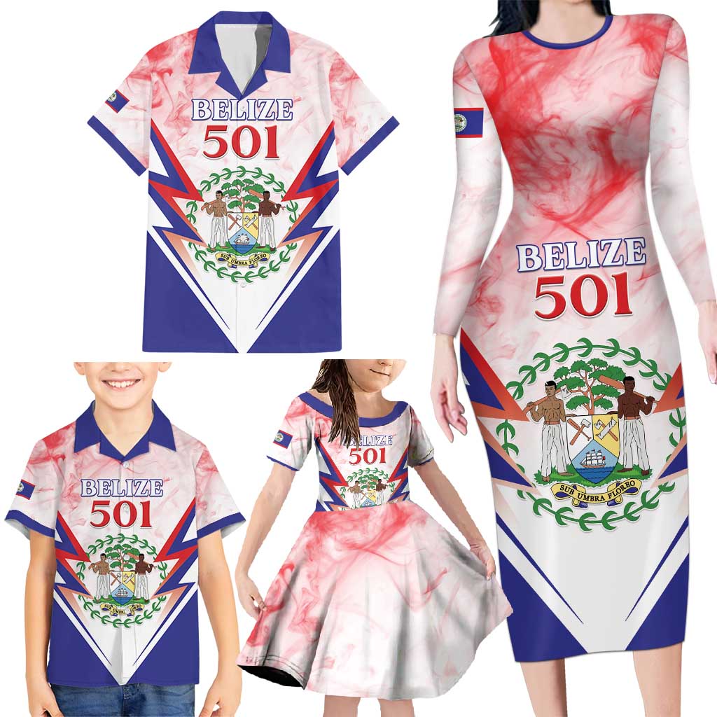 Personalized Belize 501 Family Matching Long Sleeve Bodycon Dress and Hawaiian Shirt Coat Of Arms