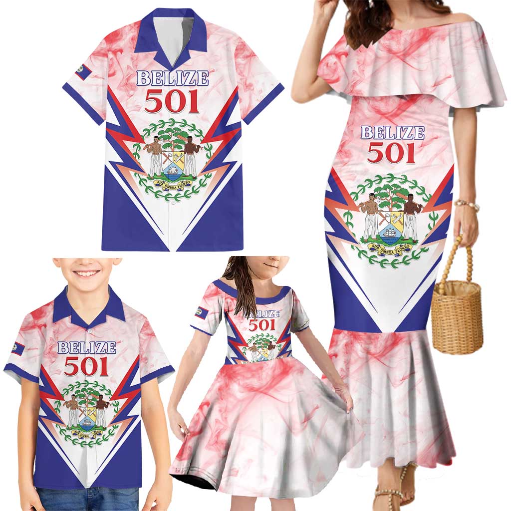 Personalized Belize 501 Family Matching Mermaid Dress and Hawaiian Shirt Coat Of Arms