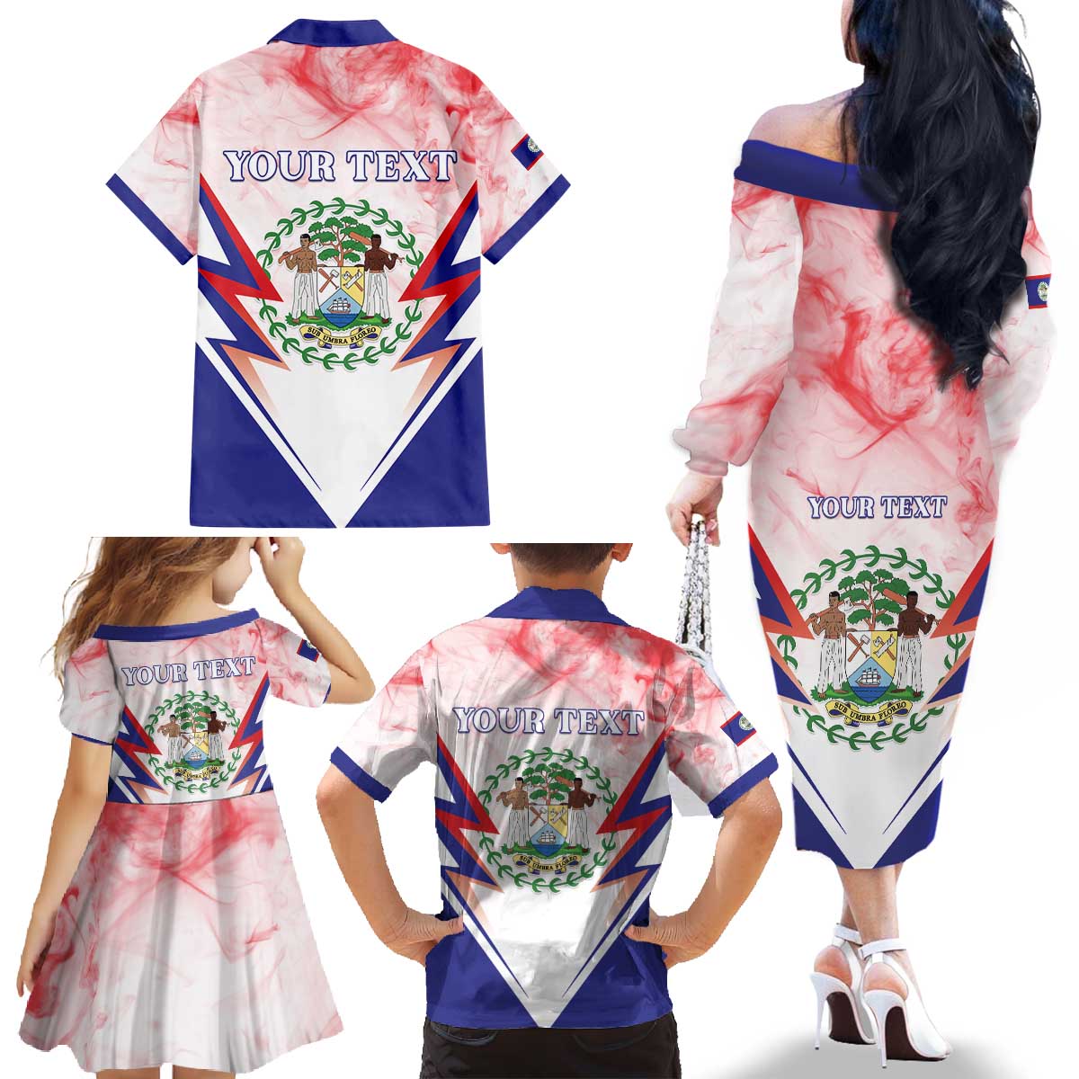 Personalized Belize 501 Family Matching Off The Shoulder Long Sleeve Dress and Hawaiian Shirt Coat Of Arms