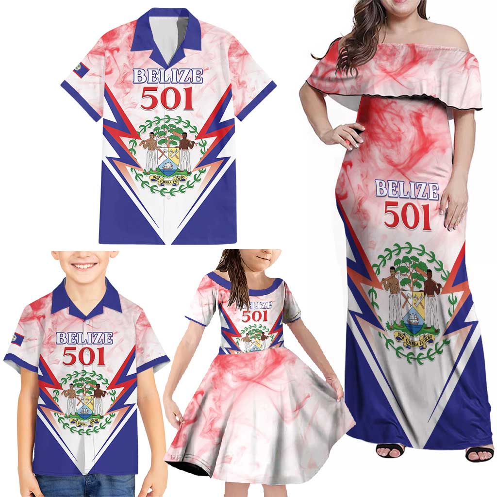 Personalized Belize 501 Family Matching Off Shoulder Maxi Dress and Hawaiian Shirt Coat Of Arms