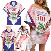 Personalized Belize 501 Family Matching Off Shoulder Short Dress and Hawaiian Shirt Coat Of Arms
