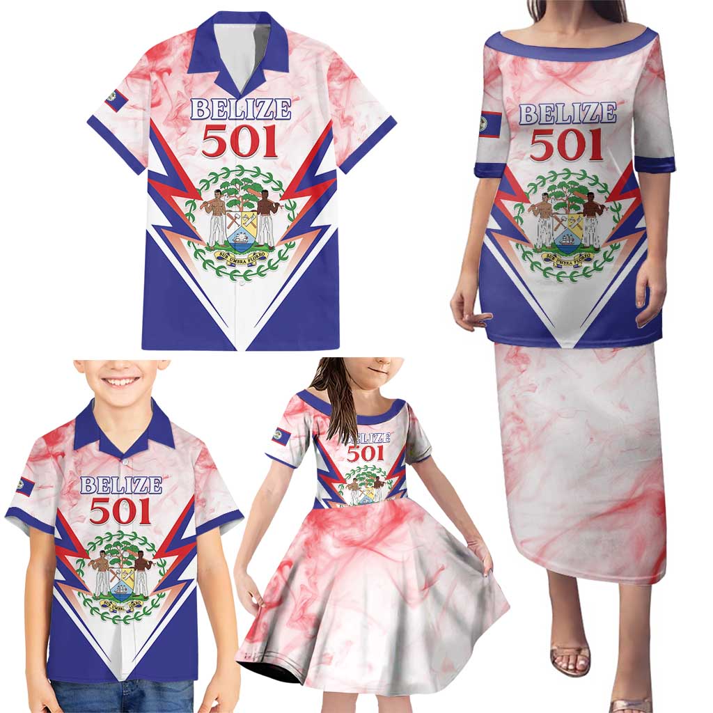 Personalized Belize 501 Family Matching Puletasi and Hawaiian Shirt Coat Of Arms