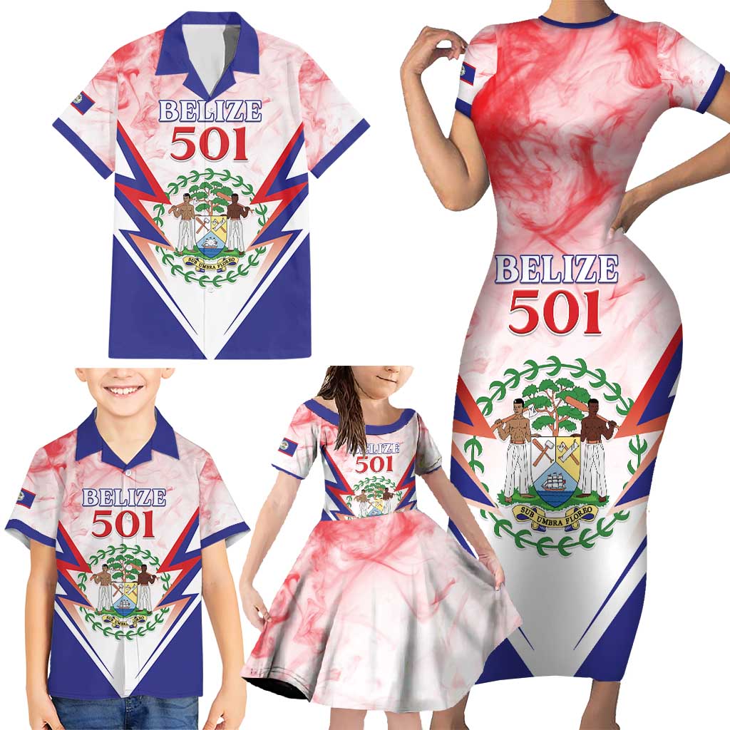 Personalized Belize 501 Family Matching Short Sleeve Bodycon Dress and Hawaiian Shirt Coat Of Arms
