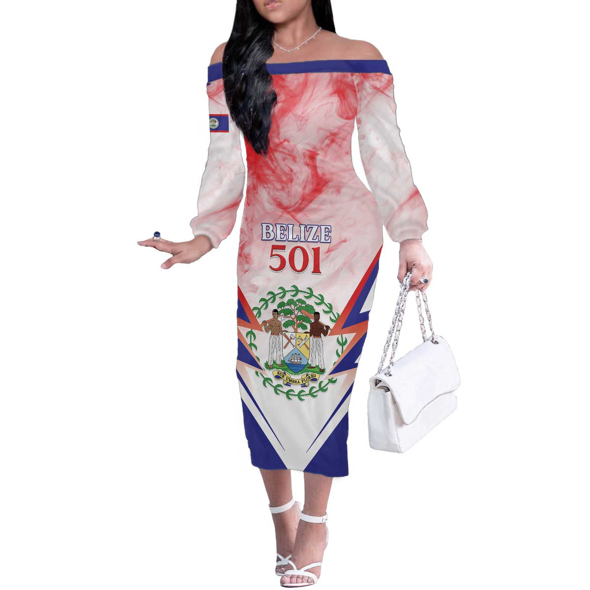 Personalized Belize 501 Off The Shoulder Long Sleeve Dress Coat Of Arms