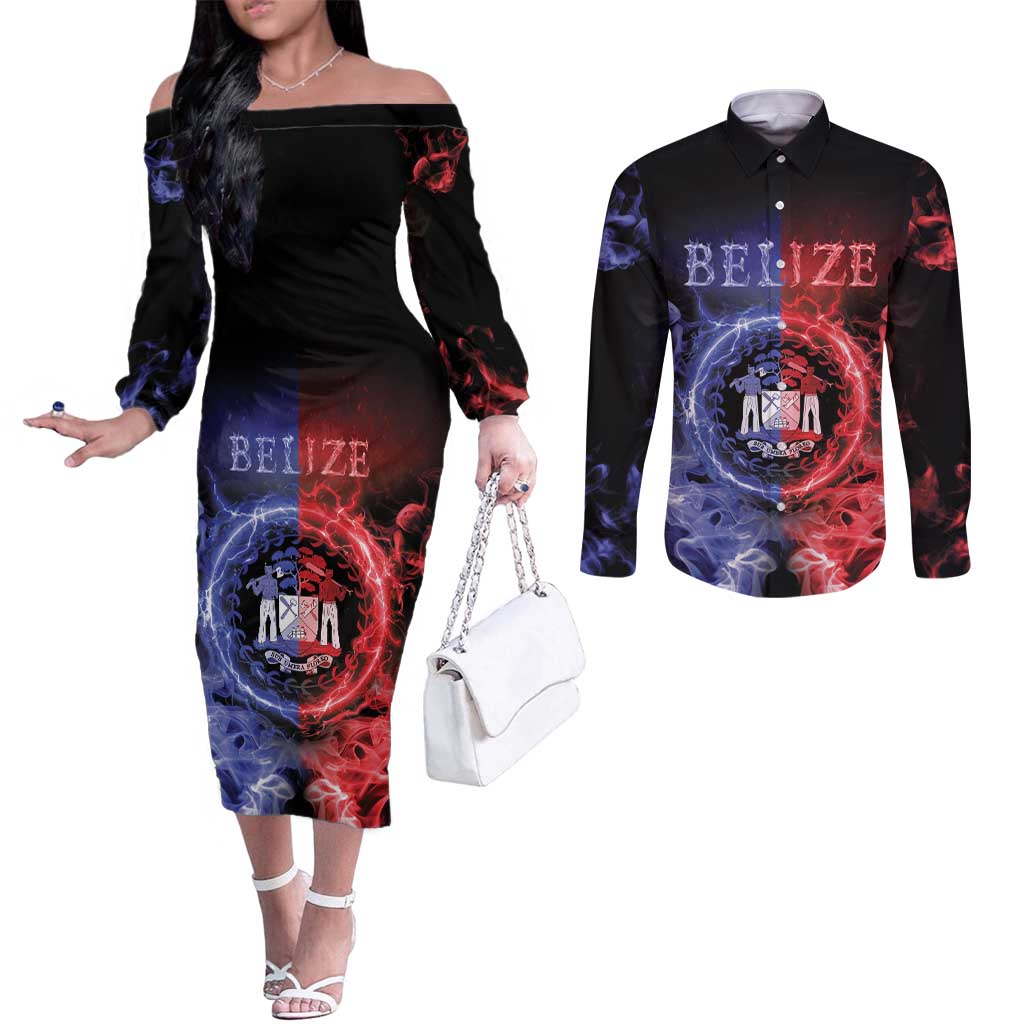 Belize Couples Matching Off The Shoulder Long Sleeve Dress and Long Sleeve Button Shirt Unique Style