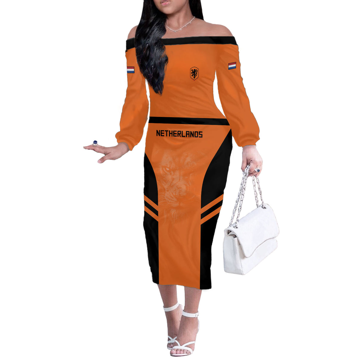 Custom Netherlands Football 2026 Off The Shoulder Long Sleeve Dress Oranje Lion Special Style