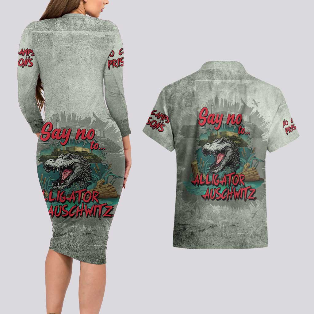 Say No To Alligator Auschwitz Couples Matching Long Sleeve Bodycon Dress and Hawaiian Shirt - Wonder Print Shop
