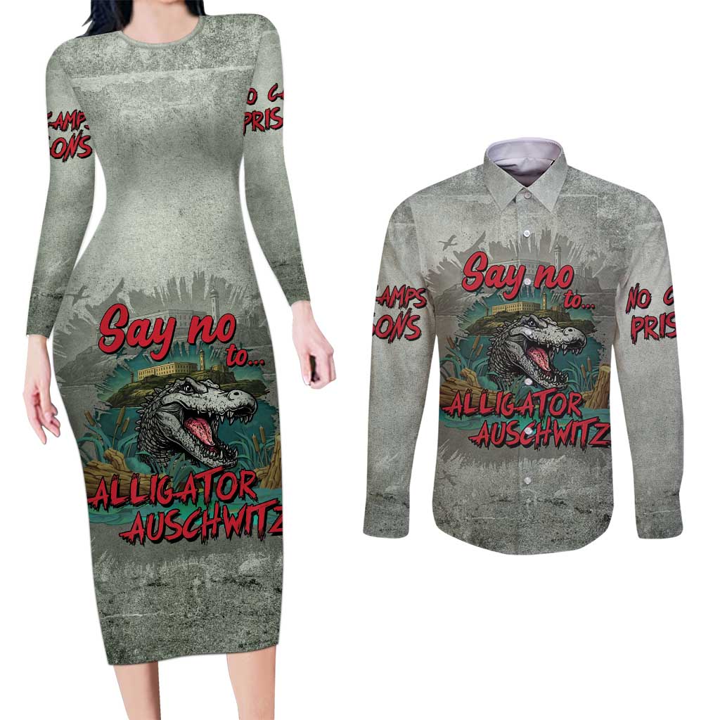 Say No To Alligator Auschwitz Couples Matching Long Sleeve Bodycon Dress and Long Sleeve Button Shirt - Wonder Print Shop