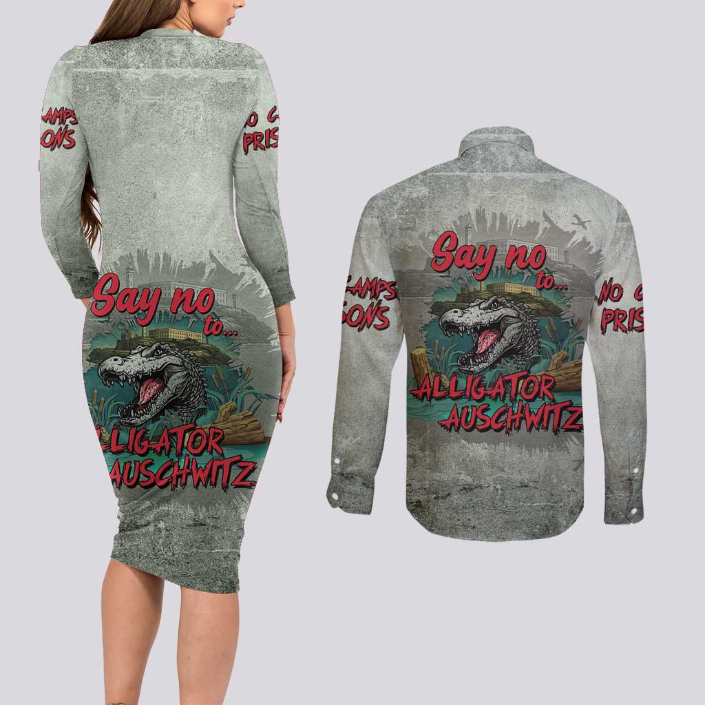 Say No To Alligator Auschwitz Couples Matching Long Sleeve Bodycon Dress and Long Sleeve Button Shirt - Wonder Print Shop