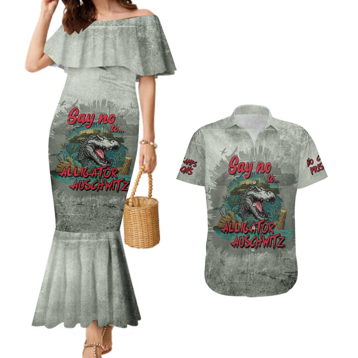 Say No To Alligator Auschwitz Couples Matching Mermaid Dress and Hawaiian Shirt - Wonder Print Shop