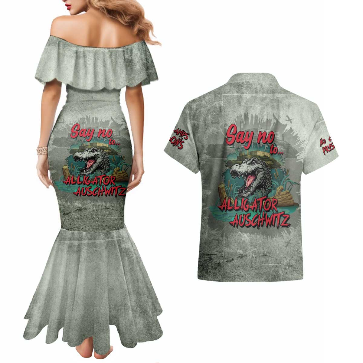 Say No To Alligator Auschwitz Couples Matching Mermaid Dress and Hawaiian Shirt - Wonder Print Shop