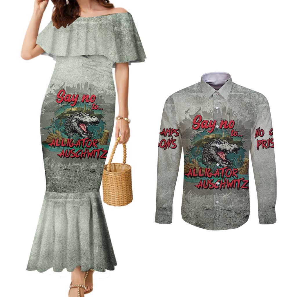 Say No To Alligator Auschwitz Couples Matching Mermaid Dress and Long Sleeve Button Shirt - Wonder Print Shop