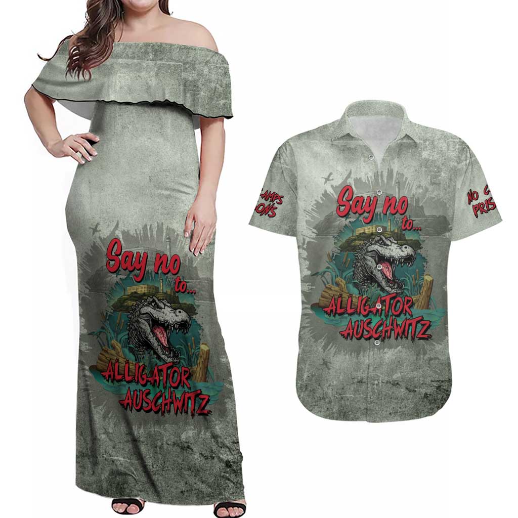 Say No To Alligator Auschwitz Couples Matching Off Shoulder Maxi Dress and Hawaiian Shirt - Wonder Print Shop