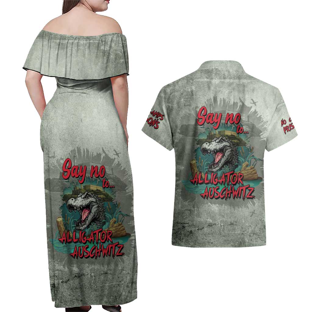 Say No To Alligator Auschwitz Couples Matching Off Shoulder Maxi Dress and Hawaiian Shirt - Wonder Print Shop