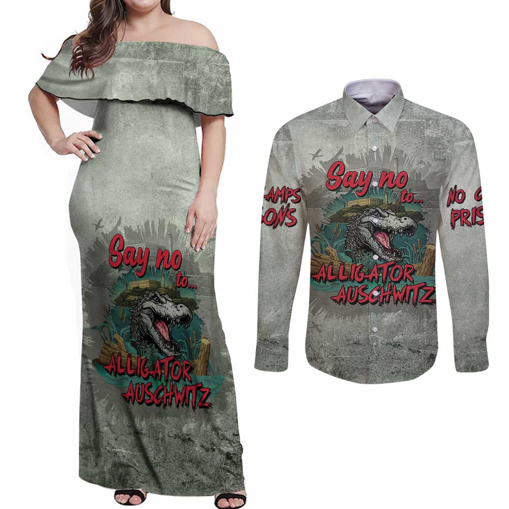 Say No To Alligator Auschwitz Couples Matching Off Shoulder Maxi Dress and Long Sleeve Button Shirt - Wonder Print Shop