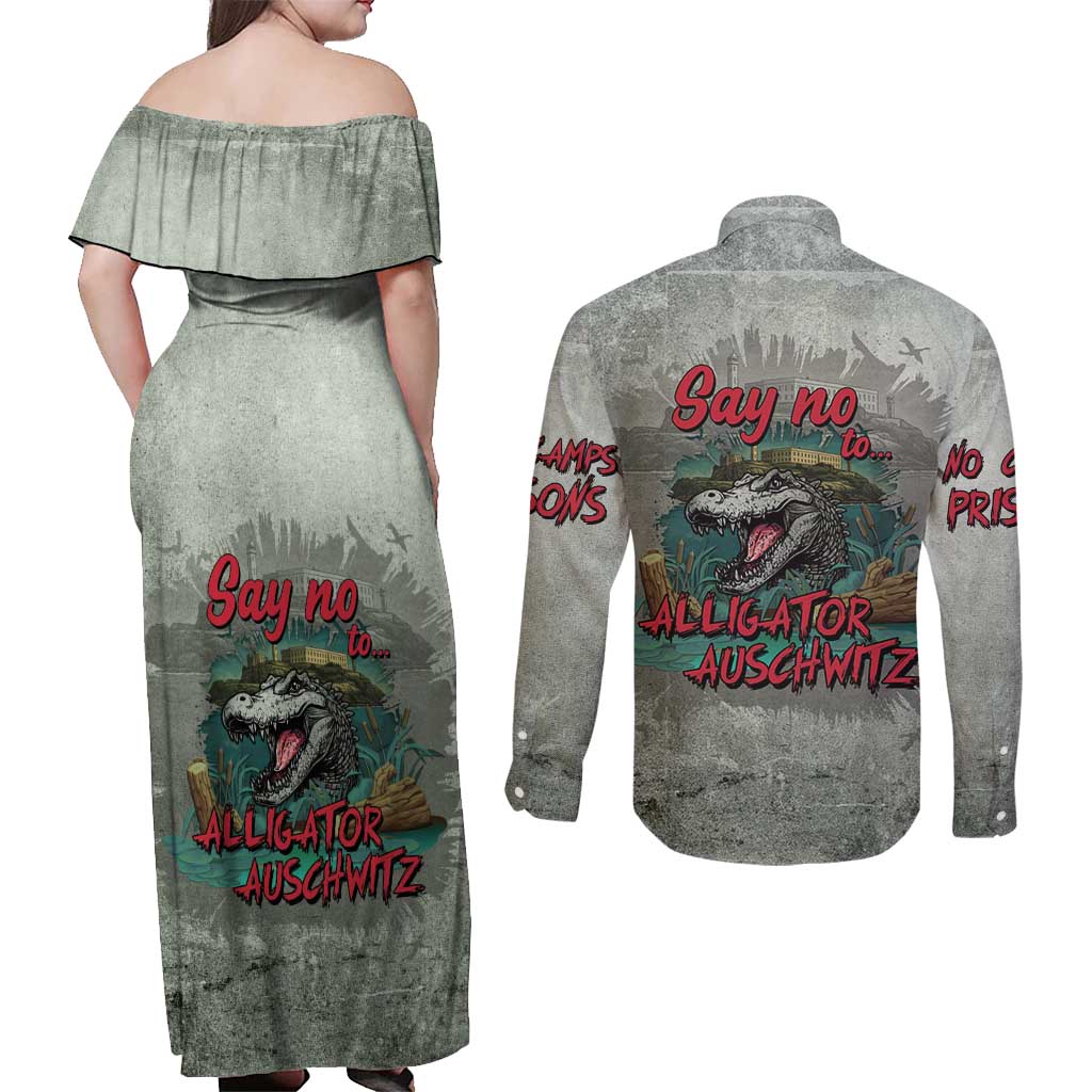 Say No To Alligator Auschwitz Couples Matching Off Shoulder Maxi Dress and Long Sleeve Button Shirt - Wonder Print Shop