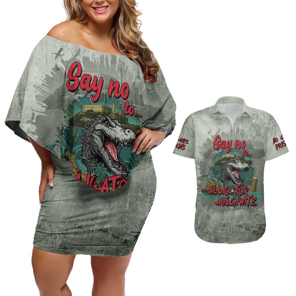 Say No To Alligator Auschwitz Couples Matching Off Shoulder Short Dress and Hawaiian Shirt - Wonder Print Shop
