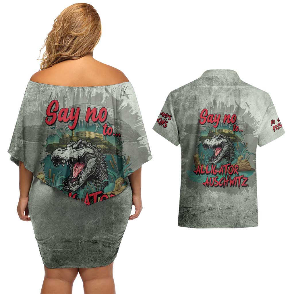 Say No To Alligator Auschwitz Couples Matching Off Shoulder Short Dress and Hawaiian Shirt - Wonder Print Shop