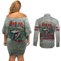 Say No To Alligator Auschwitz Couples Matching Off Shoulder Short Dress and Long Sleeve Button Shirt - Wonder Print Shop