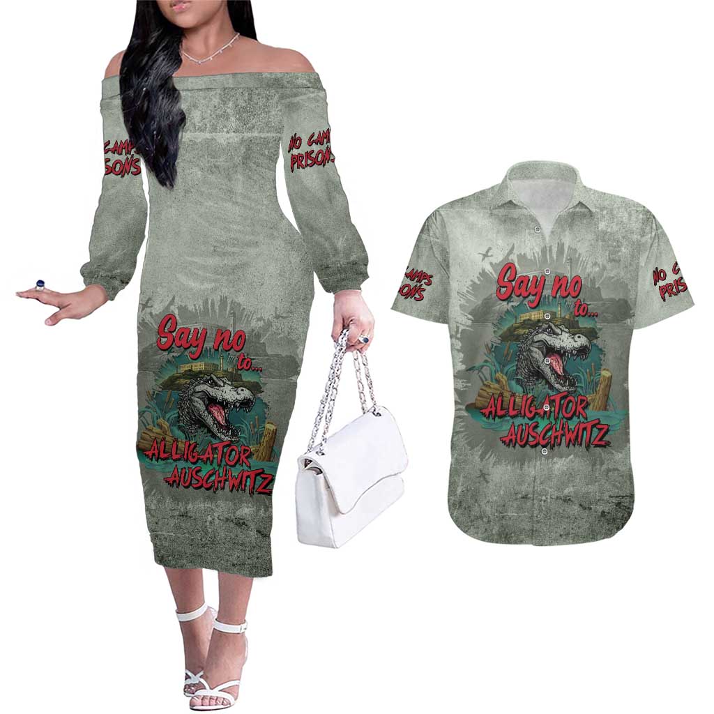 Say No To Alligator Auschwitz Couples Matching Off The Shoulder Long Sleeve Dress and Hawaiian Shirt - Wonder Print Shop